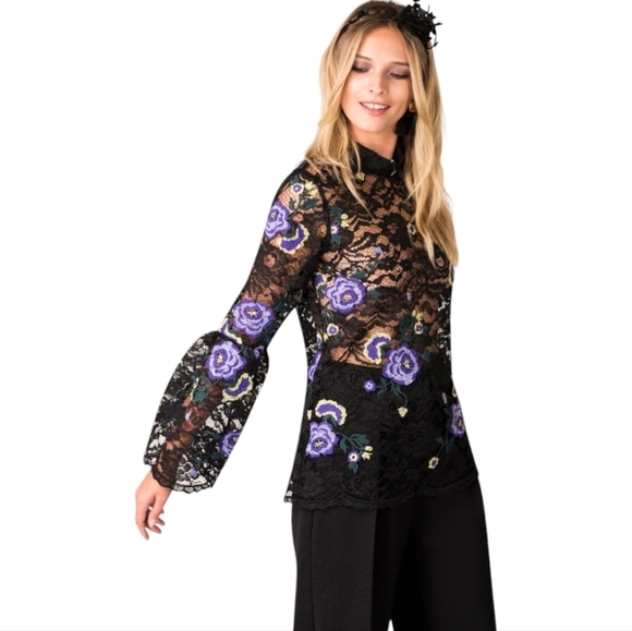 Coset London Sheer Lace Floral Embroidered High Neck Bell Sleeve Top Size 4 New - Picture 1 of 10